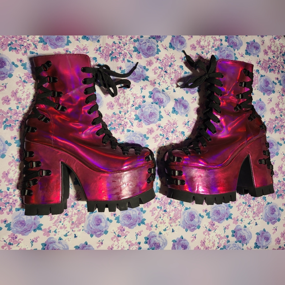 Dollskill Club Exx Corset Boots Hot Pink Holographic Size 9